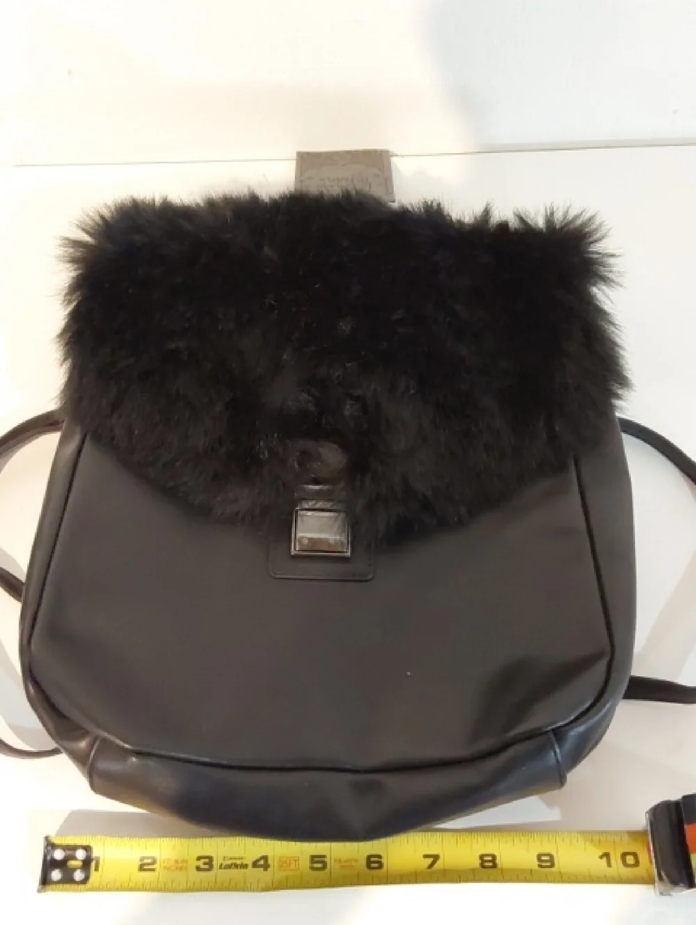 True Vibe| Womens  Boxy Black Faux Fur Flap Vinyl Backpack Trendy Sleek Medium